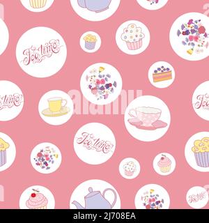 Tea time seamless pattern with lettering, flowers, teacups and cakes in white bubbles on pink background. Stock Vector