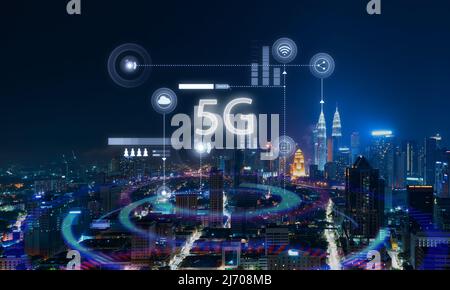 5G network wireless systems and internet of things with modern city skyline. Smart city and communication network concept . Stock Photo