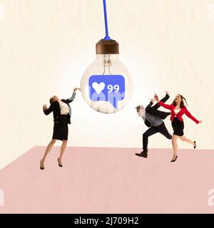 Contemporary art collage. Young people running to light bulb with like icons. In search of popularity Stock Photo
