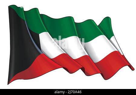 Vector illustration of a Waving Flag of Kuwait. All elements neatly on well-defined layers and groups. Stock Vector