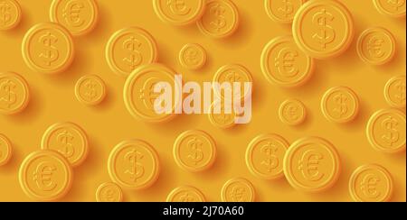 Yellow Background with dollar and euro golden coins falling. Vector illustration Stock Vector