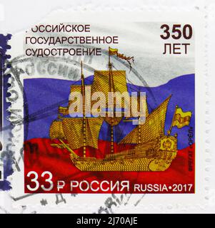 MOSCOW, RUSSIA - AUGUST 6, 2021: Postage stamp printed in Russia devoted to 350th Anniversary of Russian State Shipbuilding, serie, circa 2017 Stock Photo