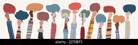 Hand up group of multicultural and multiethnic men and women holding speech bubble in hand. Talk  communicate and share information in social networks Stock Vector