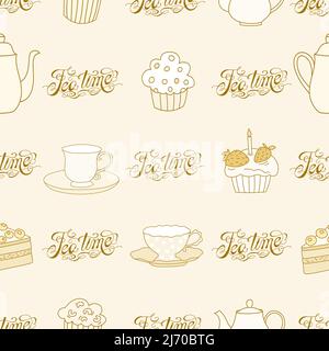 Tea time hand drawn seamless pattern with lettering, teacups and cakes on light beige background. Stock Vector