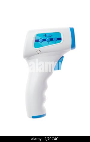 Infrared electronic thermometer gun isolated on white background. Top view. Tool for measuring human temperature. Covid-19 prevention concept Stock Photo