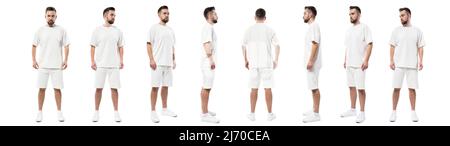 Collage from different sides of man wearing white clothes with a blank space for design Stock Photo