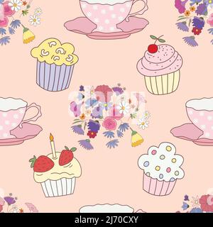 Seamless pattern with flowers, teacups and cakes on powder pink background. Stock Vector
