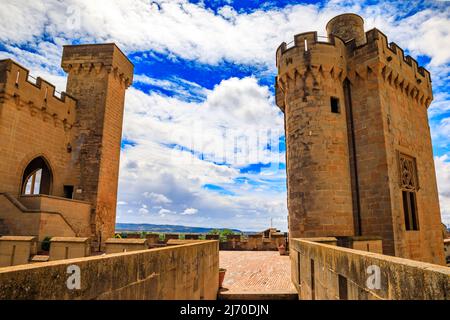 Olite, Spain - June 23, 2021: Details of the ornate gothic architecture of the palace of the Kings of Navarre or Royal Palace of Olite in Navarra Stock Photo