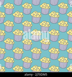 Hand drawn Cupcakes seamless pattern on turquoise background. Stock Vector