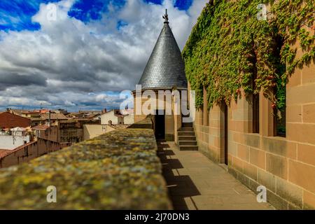 Olite, Spain - June 23, 2021: Tower of of the ornate gothic architecture of the palace of the Kings of Navarre or Royal Palace of Olite in Navarra Stock Photo