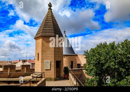 Olite, Spain - June 23, 2021: Towers of the ornate gothic architecture of the palace of the Kings of Navarre or Royal Palace of Olite in Navarra Stock Photo