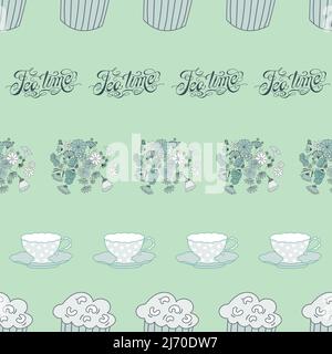 Striped hand drawn seamless pattern with inscription Tea Time on mint green background. Stock Vector