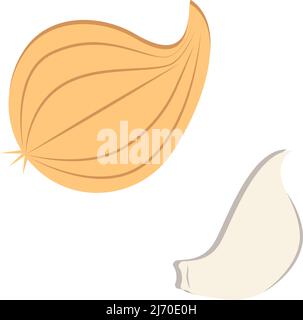 Set of two hand drawn vitamins elements onion and garlic in cartoon style. Great for notebook, napkins, towels, posters, banners. Stock Vector