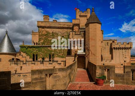 Olite, Spain - June 23, 2021: Details of the ornate gothic architecture of the palace of the Kings of Navarre or Royal Palace of Olite in Navarra Stock Photo