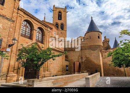 Olite, Spain - June 23, 2021: Details of the ornate gothic architecture of the palace of the Kings of Navarre or Royal Palace of Olite in Navarra Stock Photo