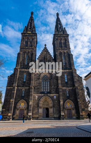 Prague, Czech Republic - March 19, 2022: Facade and twin towers of the Saint Peter and Paul cathedral in Prague, Czech Republic  Stock Photo