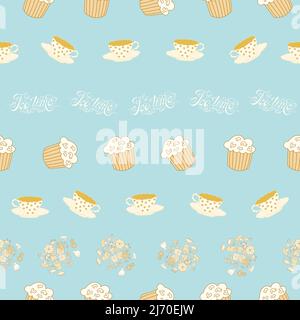 Striped hand drawn seamless pattern with inscription Tea Time on blue background. Stock Vector