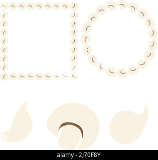 Set of two mushroom frames and three cartoon style elements champignon, garlic clove and onion head. Great for notebook, inscriptions, lettering, napkins, towels, posters, banners. Stock Vector
