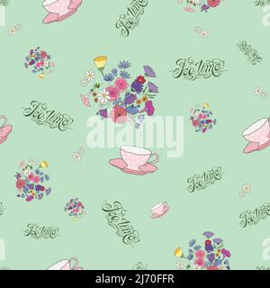 Tea time hand drawn seamless pattern with lettering, flowers, teacups on green background. Stock Vector