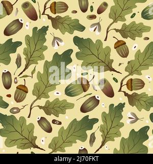 Oak acorn seamless vector nature pattern. Fall background Stock Vector