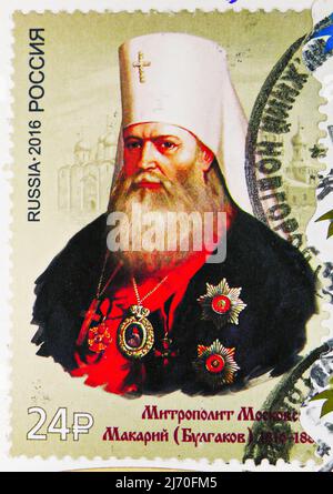 MOSCOW, RUSSIA - JUNE 10, 2021: Postage stamp printed in Russia devoted to Birth Bicentenary of Metropolitan Macariy (1816-1882), serie, circa 2016 Stock Photo