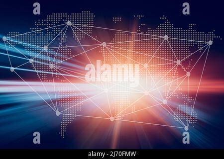 Fast communication technology global connection concept. World connecting dots and lines with fast speed blur motion for business futuristic digital t Stock Photo