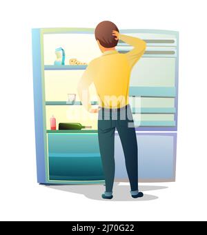 Guy stands in front of empty refrigerator. No food. Kitchen interior. Illustration is isolated on white background. Vector. Stock Vector