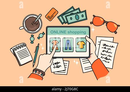 Top view closeup of person sit at table shopping online on tablet gadget. Woman buy clothing on internet on modern pad device. Web order, fashion and consumerism. Vector illustration.  Stock Vector