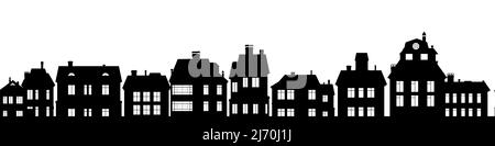 Black Silhouettes of village houses with windows. Horizontal seamless composition. Small city houses residential quarters. Cityscape with buildings. I Stock Vector