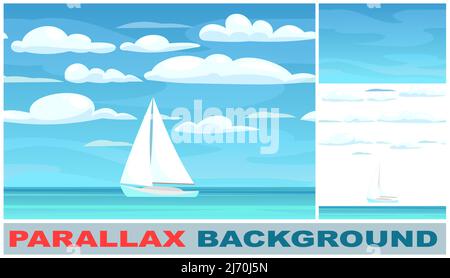 Sailing yacht. Calm blue sea. Set parallax effect. White single masted vessel with classic hull lines. Sky and clouds. View from afar. Flat style. Vec Stock Vector