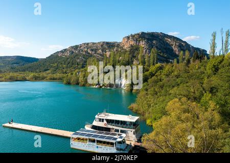 Aerial view of the tourist boats near Roski slap waterfall in Krka National Park, Croatia Stock Photo