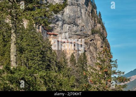 Sumela monastery and local name is sumela manastri engraved inside the huge mountain. Stock Photo