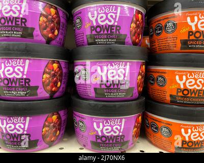 Grovetown, Ga USA - 04 20 22: Campbells YES soup on a retail store shelf stacked up variety Stock Photo