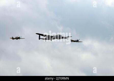 Hurricane, Lancaster and Spitfire in flying display at Biggin Hill airshow Stock Photo
