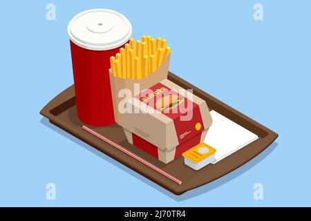 Isometric Hamburger meal served with french fries and soda on a tray. Fast food. Big single cheeseburger. Stock Vector