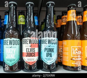 Bottles of Brewdog beer ( Hazy Jane, Elvis Juice, Punk IPA ) in Spanish supermarket