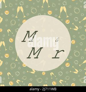 Mr and Mrs wedding typography vector template on a backdrop of champagne glasses, fizzy bubbles.Sage green and gold design with fizzy bubbly Stock Vector