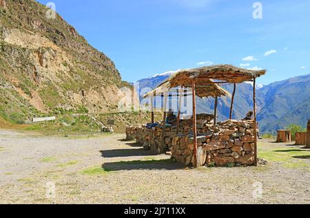 Scenic Viewpoint of Colca Canyon with Local Stall, Peruvian Altiplano, Arequipa Region, Peru, South America Stock Photo