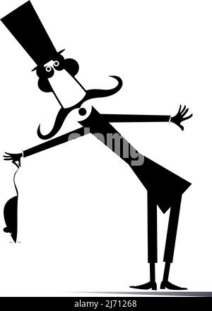 Man in the top hat holds a rat, mouse illustration.  Cartoon mustache gentleman in the top hat holds rat or mouse by tail black on white background Stock Vector