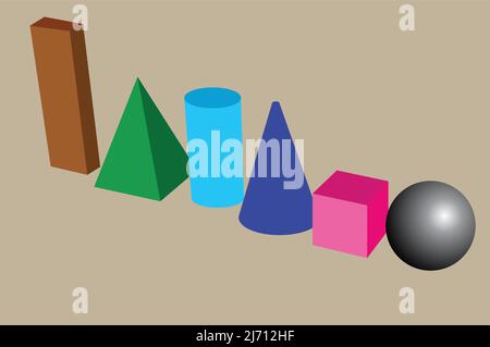 illustration of 3d shapes cube, cylinder, cone, sphere, etc., Stock Vector