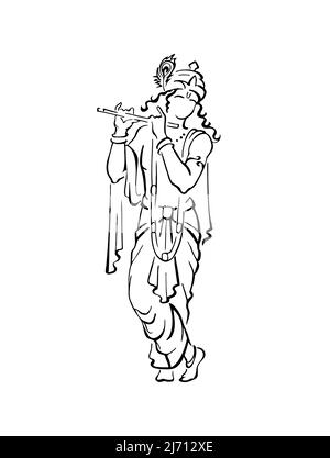Lord Krishna in beautiful clothes and crown, playing bansuri flute. God of protection, love, compassion. Original sketch Stock Vector