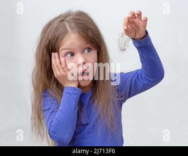 Isolated scared and shocked caucasian little girl of 5-6 years with long hair, holding piece of hair pulling out from brush on gray background in blue Stock Photo