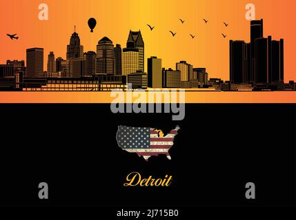 Detroit skyline silhouette - illustration,  Town in orange background,  Map of USA Stock Vector