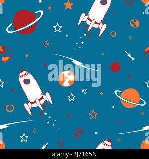 Seamless vector pattern with spaceship and planets on blue background. Fun retro cosmos wallpaper design for children. Stock Vector