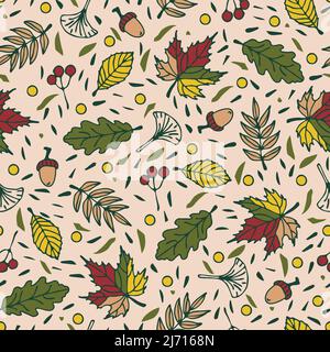 Seamless vector pattern with autumn leaves on beige background. Beautiful fall season wallpaper design. Decorative forest fashion textile texture. Stock Vector