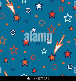 Seamless vector pattern with stars on blue background. Simple baby shower wallpaper design. Shooting star fashion textile. Stock Vector