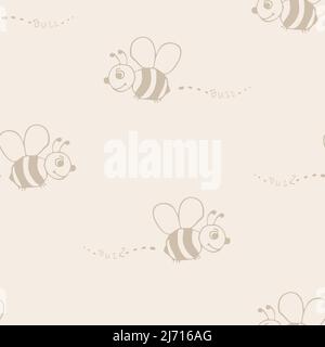 Seamless vector pattern with cartoon bees on light beige background. Simple bumblebee sketch wallpaper design. Decorative summer bug fashion textile. Stock Vector