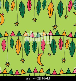 Seamless vector pattern with hanging feathers and stars on green background. Beautiful hippies wallpaper design. Gypsy fashion textile. Stock Vector