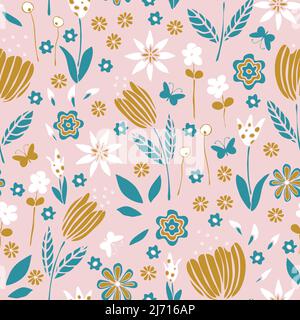 Seamless vector pattern with romantic flower garden on pink background. Simple cute floral wallpaper design. Decorative girly dream fashion textile. Stock Vector