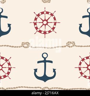 Seamless vector pattern with ship wheel and anchor on beige background. Nautical style wallpaper design. Decorative life style fashion textile. Stock Vector